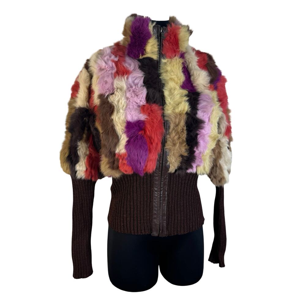 Y2K Real Fur Patchwork Bomber Jacket Colorful Rabbit Knit Cropped Statement Coat